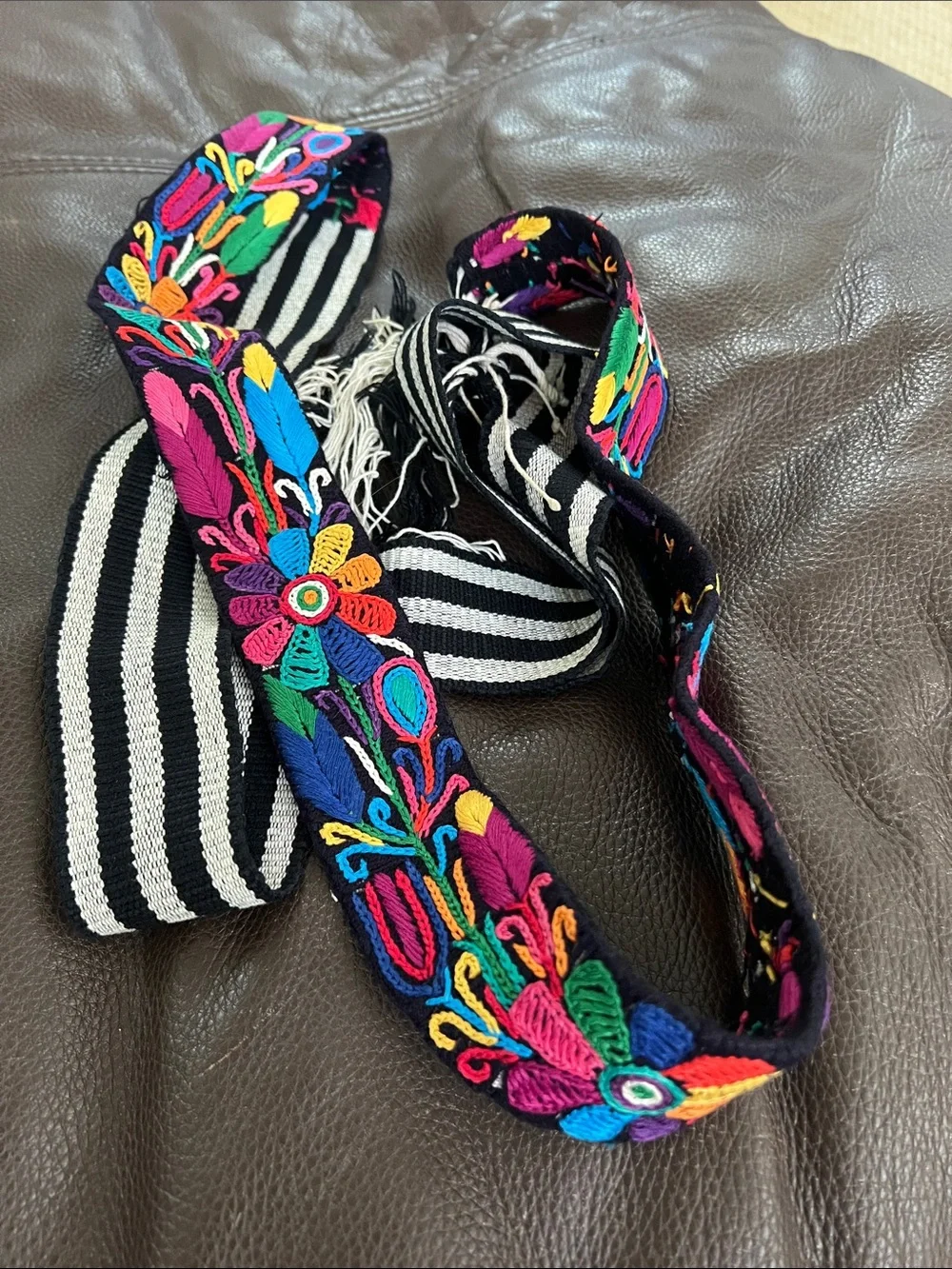 Black Embroidered Floral Belt with Multicolor Flowers